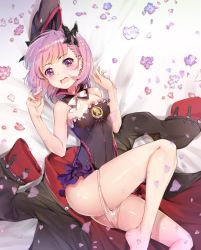 Rule 34 | 1girl, ass, bare legs, bare shoulders, barefoot, black coat, black leotard, blush, breasts, coat, covered erect nipples, detached collar, fate/grand order, fate (series), frills, full body, helena blavatsky (fate), helena blavatsky (third ascension) (fate), leotard, looking at viewer, lying, off shoulder, on back, open mouth, original, panties, panty pull, purple eyes, purple hair, short hair, small breasts, solo, teddy (khanshin), thighs, underwear, unworn coat, white panties
