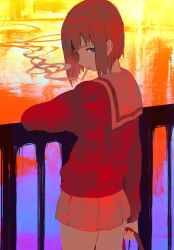Rule 34 | 00s, 1girl, bag, brown eyes, brown hair, cigarette, expressionless, flcl, from behind, highres, long sleeves, looking at viewer, looking back, maij, mouth hold, plaid, plaid skirt, railing, red hair, river, samejima mamimi, school bag, school uniform, short hair, skirt, smoking, solo, sweater, water