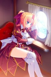 Rule 34 | 1girl, blonde hair, blue eyes, bow, bowtie, breasts, closed mouth, commentary request, couch, cross, dress, feet out of frame, hair bow, high priest (ragnarok online), juliet sleeves, long hair, long sleeves, looking outside, medium breasts, over-kneehighs, parted bangs, ponytail, puffy sleeves, ragnarok online, red bow, red bowtie, red dress, saeki sorenari, sash, sitting, solo, thighhighs, two-tone dress, white bow, white dress, white sash, white thighhighs, window