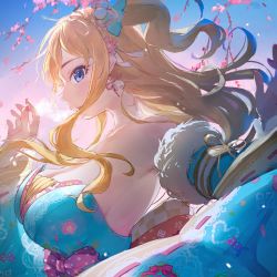Rule 34 | 1girl, backlighting, bare shoulders, blonde hair, blue dress, blue eyes, blush, breasts, cleavage, dress, highres, idolmaster, idolmaster cinderella girls, large breasts, long hair, looking at viewer, ohtsuki yui, one side up, open mouth, solo, takeashiro, wavy hair
