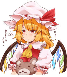 Rule 34 | 1girl, ascot, bad id, bad pixiv id, blonde hair, blush, closed mouth, commentary request, flandre scarlet, hat, labeam, pout, red eyes, short hair, side ponytail, simple background, sketch, solo, stuffed animal, stuffed toy, teddy bear, touhou, translation request, upper body, white background, wings, yellow ascot