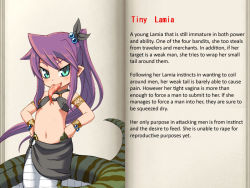 Rule 34 | character profile, child, lamia, long hair, mon-musu quest!, monster girl, navel, purple hair, slit pupils, text focus, teeny (mon-musu quest!), tongue, translated
