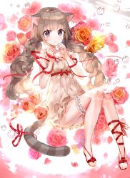 Rule 34 | 1girl, animal ears, b rock, bad id, bad pixiv id, brown hair, cat ears, cat tail, commentary, commission, dress, english commentary, floating, flower, full body, grey dress, grey eyes, hands up, bridal garter, long hair, looking at viewer, orange flower, orange rose, original, parted lips, red flower, red footwear, red rose, rose, sandals, short dress, sleeveless, sleeveless dress, solo, striped tail, tail, twintails