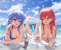 Rule 34 | 2girls, absurdres, adapted costume, ahoge, alternate breast size, apple juice, armpit crease, asakura (asa t77), bare legs, barefoot, beach, bikini, blue bikini, blue eyes, blue hair, blue sky, blush, breasts, cleavage, cloud, cloudy sky, collarbone, commentary request, crossed legs, earrings, eyelashes, feet up, frilled bikini, frills, green eyes, hair between eyes, hair ornament, hair ribbon, hairclip, highres, hololive, hoshimachi suisei, jewelry, juice, juice box, knees apart feet together, large breasts, legs, lens flare, long hair, looking at another, lying, medium breasts, multiple girls, on stomach, one side up, plaid, plaid bikini, ribbon, sakura miko, shiny skin, sidelocks, sky, soles, star (symbol), star in eye, swimsuit, symbol in eye, the pose, thighs, toes, virtual youtuber, water, white bikini