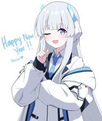 Rule 34 | 1girl, ;d, blue archive, blue necktie, blunt bangs, english text, formal, happy new year, highres, jacket, looking at viewer, necktie, new year, noa (blue archive), one eye closed, open mouth, purple eyes, reia 76, shirt, simple background, smile, solo, straight hair, suit, white background, white hair, white jacket, white shirt, white suit