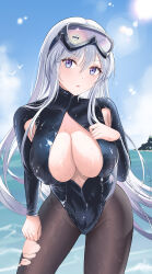 Rule 34 | 1girl, absurdres, armpit cutout, asayoru, azur lane, black pantyhose, black wetsuit, blue sky, blush, bodysuit, breasts, clothing cutout, diving suit, enterprise (azur lane), enterprise (diving under blue skies) (azur lane), goggles, goggles on head, grey hair, highres, large breasts, long hair, looking at viewer, ocean, official alternate costume, pantyhose, purple eyes, skin tight, sky, solo, swim goggles, swimsuit, torn clothes, torn pantyhose, very long hair, wetsuit