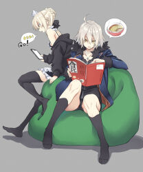Rule 34 | 10mo, 2girls, apron, artoria pendragon (all), artoria pendragon (alter swimsuit rider) (second ascension) (fate), artoria pendragon (fate), bean bag chair, black dress, black jacket, black panties, black socks, black thighhighs, blonde hair, blue jacket, book, bowl, braid, braided bun, breasts, cellphone, dress, fate/grand order, fate (series), food, full body, fur-trimmed jacket, fur trim, grey background, grey hair, hair bun, highres, holding, holding book, holding phone, hood, hooded jacket, jacket, jeanne d&#039;arc alter (fate), jeanne d&#039;arc alter (ver. shinjuku 1999) (fate), kneehighs, looking down, maid apron, maid headdress, multiple girls, noodles, off shoulder, open mouth, panties, pantyshot, phone, pointing, ramen, saber alter, shadow, short hair, simple background, sitting, small breasts, smartphone, socks, spoken food, spoken star, star (symbol), thighhighs, underwear, yellow eyes