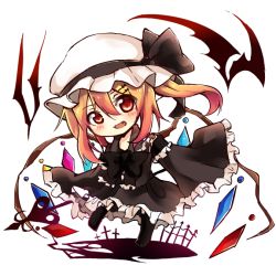 Rule 34 | 1girl, alternate costume, black dress, blonde hair, bow, dress, fang, flandre scarlet, hat, hat bow, laevatein, long sleeves, looking at viewer, mob cap, open mouth, red eyes, side ponytail, solo, tosura-ayato, touhou, wide sleeves, wings