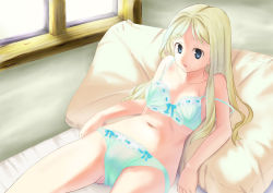 Rule 34 | 1girl, bed, blonde hair, blue eyes, bow, bow bra, bow panties, bra, breasts, breasts apart, commentary request, crotch seam, day, green bra, green panties, highres, indoors, lace, lace-trimmed bra, lace-trimmed panties, lace trim, long hair, lying, navel, on back, open mouth, original, panties, pillow, ribbon-trimmed bra, ribbon-trimmed panties, strap slip, underwear, underwear only, window, yayoi hatomi