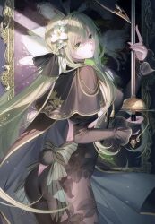 Rule 34 | 1girl, absurdres, animal ears, ass, black capelet, blunt bangs, bodysuit, bow, breasts, bridal gauntlets, capelet, floating hair, flower, from side, green eyes, green hair, hair flower, hair ornament, highres, holding, holding sword, holding weapon, long hair, long sleeves, looking at viewer, looking down, low twintails, medium breasts, mole, mole under eye, mole under mouth, original, parted lips, rabbit ears, scan, see-through, see-through bodysuit, solo, striped, striped bow, sunlight, sword, toosaka asagi, twintails, very long hair, weapon, white flower
