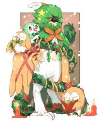 Rule 34 | alternate color, beak, bird, bird wings, book, candle, christmas, christmas ornaments, closed mouth, creatures (company), decidueye, dlitw, feathered wings, feathers, fire, flower, game freak, gen 7 pokemon, highres, holding, holding book, leaf, nintendo, open book, open mouth, owl, pokemon, pokemon (creature), pokemon sm, red flower, red ribbon, red rose, ribbon, rose, rowlet, shiny and normal, shiny pokemon, simple background, snow, snowing, sparkle, standing, star (symbol), talons, white background, wings