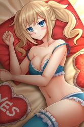 Rule 34 | 1girl, barbara (genshin impact), bare shoulders, bed sheet, blonde hair, blue bra, blue eyes, blue panties, blue thighhighs, blush, bra, breasts, cleavage, closed mouth, collarbone, commentary, frilled bra, frilled panties, frills, frown, genshin impact, highres, kazenokaze, long hair, looking at viewer, lying, medium breasts, navel, on back, on side, panties, smile, solo, stomach, strap slip, thighhighs, thighs, twintails, underwear, underwear only, yes, yes-no pillow