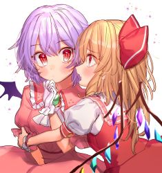 Rule 34 | 2girls, ascot, bad id, bad twitter id, bat wings, blush, bow, breasts, brooch, commentary request, crystal, dress, fang, flandre scarlet, frilled shirt collar, frills, gloves, hair bow, hand up, highres, jewelry, light purple hair, long hair, looking at another, masanaga (tsukasa), multiple girls, no headwear, one-hour drawing challenge, open mouth, pink dress, profile, puffy short sleeves, puffy sleeves, red bow, red eyes, red skirt, red vest, remilia scarlet, shirt, short hair, short sleeves, siblings, simple background, sisters, skirt, skirt set, small breasts, touhou, upper body, vest, white ascot, white background, white gloves, white shirt, wings