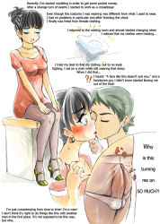 Rule 34 | 2boys, androgynous, artist request, black hair, blush, breast padding, bulge, crossdressing, crotch seam, dress, earrings, english text, erection, erection under clothes, eyeliner, eyeshadow, green hair, green theme, hard-translated, high heels, jewelry, kiss, lipstick, makeup, male focus, multiple boys, nail polish, necklace, panties, panties under pantyhose, pantyhose, penis, penis in panties, shoes, third-party edit, trap, underwear, yaoi