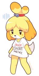 Rule 34 | 1girl, :&lt;, absurdres, animal crossing, animal ears, artist name, barefoot, black eyes, blonde hair, blush stickers, bottomless, closed mouth, clothes writing, dog ears, dog girl, dog tail, english text, artistic error, female focus, flat chest, full body, furry, furry female, hair bobbles, hair ornament, hair tie, highres, isabelle (animal crossing), nintendo, oversized clothes, shirt, short hair, short sleeves, signature, simple background, solo, standing, starbirbz, tail, topknot, white background, white shirt