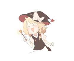 Rule 34 | &gt; &lt;, 1girl, apron, black hat, black skirt, black vest, blonde hair, bow, braid, closed eyes, cropped legs, hair bow, hat, hat bow, holding, holding wand, kirisame marisa, koukou (climacool), long hair, open mouth, red bow, shirt, short sleeves, simple background, single braid, skirt, smile, solo, star (symbol), star wand, touhou, triangle mouth, upper body, vest, waist apron, wand, white background, white bow, white shirt, witch hat