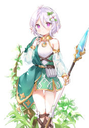 Rule 34 | 1girl, antenna hair, bare shoulders, blush, breasts, bridal gauntlets, closed mouth, commentary request, detached sleeves, dress, flower, hair between eyes, hair flower, hair ornament, holding, holding polearm, holding spear, holding weapon, kokkoro (princess connect!), long sleeves, looking at viewer, pointy ears, polearm, princess connect!, puffy long sleeves, puffy sleeves, purple eyes, see-through, see-through sleeves, short hair, silver hair, simple background, sleeveless, sleeveless dress, small breasts, solo, spear, wataame27, weapon, white background, white dress, white flower