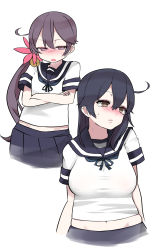 Rule 34 | 2girls, akebono (kancolle), bad id, bad pixiv id, bell, blush, commentary request, crossed arms, flower, hair bell, hair flower, hair ornament, highres, jingle bell, kantai collection, long hair, mitsudoue, multiple girls, purple hair, school uniform, serafuku, side ponytail, ushio (kancolle)