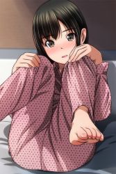 Rule 34 | 1girl, barefoot, black hair, blush, brown eyes, crotch, feet, hands on own knees, head tilt, highres, looking at viewer, lying, matsunaga kouyou, on back, on bed, original, pajamas, parted lips, soles, straight hair, toes