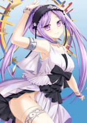 Rule 34 | 1girl, absurdres, bad id, bad pixiv id, blush, bracelet, convenient leg, euryale (fate), euryale (third ascension) (fate), fate/grand order, fate (series), groin, hairband, highres, jewelry, lolita hairband, long hair, miyashita maka, necklace, no panties, purple eyes, purple hair, solo, thighhighs