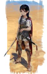 Rule 34 | 1girl, absurdres, ancient greek clothes, armor, bad id, bad twitter id, black hair, breastplate, cape, chiton, closed mouth, desert, faulds, greaves, greco-roman clothes, grey eyes, highres, holding, holding sword, holding weapon, legs apart, light smile, looking at viewer, original, red cape, roman clothes, sand, sandals, sheath, short sleeves, sketch, soldier, solo, standing, sword, toga, treeware, weapon