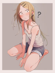 Rule 34 | 1girl, ?, arm support, bare arms, bare legs, bare shoulders, barefoot, blonde hair, blue shorts, blush, border, breasts, camisole, cleavage, closed mouth, collarbone, commentary request, dagashi kashi, denim, denim shorts, ear piercing, earclip, earrings, eitopondo, endou saya, eyelashes, feet, forehead, full body, grey background, grey border, grey camisole, hair ornament, hairclip, highres, jewelry, kneeling, long hair, looking at viewer, parted bangs, piercing, short shorts, shorts, simple background, sitting, small breasts, soles, solo, sweatdrop, thighs, toes, two-tone background, very long hair