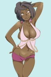 Rule 34 | 1girl, arm behind head, arm up, armpits, bad id, bad pixiv id, bare arms, bare shoulders, black eyes, black hair, blue background, breasts, cleavage, closed mouth, collarbone, constricted pupils, cowboy shot, creatures (company), dark-skinned female, dark skin, diamond (shape), earrings, frown, game freak, groin, hand on own hip, island kahuna, jewelry, large breasts, navel, nintendo, no bra, olivia (pokemon), pink shirt, pokemon, pokemon sm, purple shorts, shirt, short hair, short shorts, shorts, sideboob, simple background, solo, standing, stomach, tank top, thigh gap, zaitsu