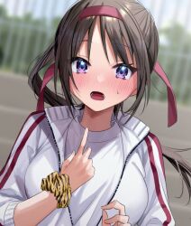 Rule 34 | 1girl, blurry, blurry background, blush, breasts, brown hair, chigusa minori, commentary request, floating hair, hair ribbon, jacket, large breasts, long hair, looking at viewer, open clothes, open jacket, open mouth, original, outdoors, pointing, pointing at self, purple eyes, red ribbon, ribbon, scrunchie, shirt, solo, sweatdrop, teeth, upper body, white jacket, white shirt, wrist scrunchie