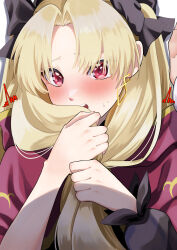 Rule 34 | 1boy, 1girl, absurdres, black ribbon, blonde hair, blush, cape, check commentary, commentary, commentary request, covering own mouth, earrings, ereshkigal (fate), fate/grand order, fate (series), fujimaru ritsuka (male), fuku dan, hair ribbon, highres, holding, holding own hair, jewelry, looking at viewer, looking away, parted bangs, pov, red cape, red eyes, ribbon, shadow, simple background, single sleeve, surprised, sweatdrop, white background
