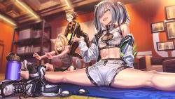 Rule 34 | 3girls, :d, adapted costume, animal ear fluff, animal ears, arknights, bare shoulders, beehunter (arknights), black footwear, black hair, black jacket, black pants, black shorts, blonde hair, blurry, boots, unworn boots, crop top, feater (arknights), feet out of frame, gesoking, grey shirt, grin, gym shorts, hair over one eye, hand on another&#039;s shoulder, hand up, highres, indoors, jacket, long sleeves, looking at viewer, midriff, multicolored hair, multiple girls, navel, nearl (arknights), off shoulder, open clothes, open jacket, open mouth, panda ears, pants, picture frame, ponytail, shelf, shirt, short hair, short shorts, shorts, silver hair, sitting, smile, spread legs, stomach, streaked hair, stretching, tears, thighs, white jacket, white shorts