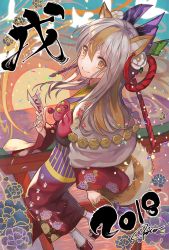 Rule 34 | 1girl, 2018, animal ears, bad id, bad pixiv id, bibico, blush, brown hair, chinese zodiac, closed mouth, commentary request, dog ears, dog girl, dog tail, floral print, flower, from side, hair between eyes, hair flower, hair ornament, holding, horizon, japanese clothes, kimono, long hair, long sleeves, looking at viewer, looking to the side, multicolored clothes, multicolored hair, multicolored kimono, nengajou, new year, obi, original, print kimono, sash, short eyebrows, signature, silver hair, smile, solo, sunrise, tabi, tail, thick eyebrows, torii, translation request, two-tone hair, white flower, wide sleeves, year of the dog