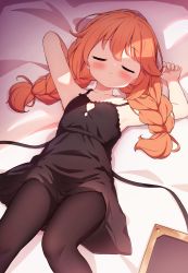 Rule 34 | 1girl, absurdres, arm behind head, armpits, arms up, bare arms, bare shoulders, bed sheet, black dress, black pantyhose, blush, braid, closed eyes, closed mouth, clothes pull, dress, facing viewer, hair between eyes, highres, long hair, looking at viewer, low twintails, lying, on back, orange hair, pantyhose, pantyhose pull, princess connect!, setmen, sleeveless, sleeveless dress, solo, twin braids, twintails, yuni (princess connect!)