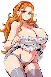 Rule 34 | 1girl, alternate breast size, alternate costume, areola slip, bare arms, bare shoulders, blue dress, breasts, brown eyes, cleavage, curvy, dress, earrings, highres, jewelry, large breasts, legs, lewdamone, lifted by self, long hair, nami (one piece), one piece, orange hair, panties, parted lips, redrawn, shoulder tattoo, simple background, smile, solo, standing, strapless, strapless dress, tagme, tattoo, thick thighs, thighhighs, thighs, underwear, very long hair, white background