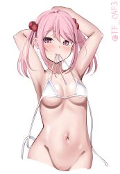 Rule 34 | 1girl, absurdres, arms behind back, bikini, blush, bottomless, breasts, groin, hair bobbles, hair ornament, highres, kantai collection, navel, one-hour drawing challenge, out-of-frame censoring, pink eyes, pink hair, sazanami (kancolle), short hair, simple background, small breasts, solo, swimsuit, tf cafe, twintails, twitter username, untied bikini, white background, white bikini