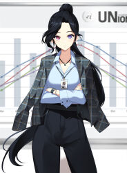 Rule 34 | 1girl, alternate hair color, bai winchester, bar graph, black hair, black pants, blue shirt, blurry, blurry background, breasts, business suit, cleavage, closers, collared shirt, cowboy shot, crossed arms, dress shirt, formal, graph (object), grey jacket, heterochromia, highres, id card, jacket, jacket on shoulders, jewelry, lanyard, long hair, long sleeves, looking at viewer, medium breasts, office lady, official art, pant suit, pants, parted lips, pendant, pink eyes, plaid, plaid jacket, ponytail, purple eyes, shirt, shirt tucked in, solo, suit, suit jacket, very long hair, watch, white background, wristwatch