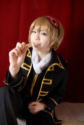 Rule 34 | blonde hair, cosplay, eyemask, gintama, highres, katou mari, okita sougo, photo (medium), sausage, uniform