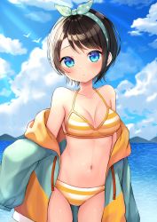 Rule 34 | 1girl, bare shoulders, bikini, black hair, blue eyes, breasts, cloud, collarbone, day, green jacket, hairband, highres, hololive, horizon, jacket, looking at viewer, medium breasts, mountainous horizon, multicolored clothes, multicolored jacket, navel, ocean, off shoulder, oozora subaru, oozora subaru (hololive summer 2019), open clothes, open jacket, orange bikini, orange jacket, outdoors, shichi (tarakochan-medo), short hair, solo, stomach, striped bikini, striped clothes, swimsuit, two-sided fabric, two-sided jacket, two-tone jacket, virtual youtuber, water