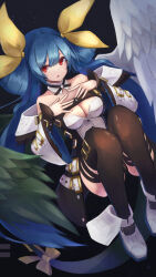 Rule 34 | 1girl, :o, absurdres, akahuzi, angel wings, asymmetrical wings, bare shoulders, black background, black wings, blue hair, boots, bow, breasts, choker, cleavage, detached sleeves, dizzy (guilty gear), guilty gear, guilty gear xrd, hair ribbon, hand on own chest, highres, knees up, long hair, looking to the side, medium breasts, red eyes, ribbon, simple background, sitting, solo, tail, tail ornament, tail ribbon, thigh strap, thighhighs, thighs, twintails, white wings, wide sleeves, wings, yellow ribbon
