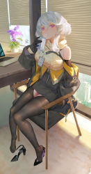Rule 34 | 1girl, absurdres, black gloves, black jacket, black pantyhose, black skirt, window blinds, breasts, brown pantyhose, brown thighhighs, chain, computer, dated, desk, drink, drinking straw, drinking straw in mouth, full body, gloves, hair between eyes, high heels, highres, holding, holding drink, jacket, juice box, knees together feet apart, laptop, large breasts, long sleeves, looking at viewer, medium hair, no shoes, off shoulder, on chair, open clothes, open jacket, original, pantyhose, plant, potted plant, purple eyes, ribao, shoes, unworn shoes, sidelocks, signature, silver hair, single shoe, sitting, skirt, solo, sweater, thighhighs, turtleneck, turtleneck sweater, white sweater, window