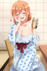 Rule 34 | 1girl, beer can, blush, breasts, brown hair, can, cleavage, collarbone, commentary request, dars (recolors), drink, drink can, hair between eyes, hair bun, hand on own cheek, hand on own face, happy, heart, highres, holding, holding can, holding drink, indoors, japanese clothes, kimono, large breasts, leaf print, mature female, open mouth, paid reward available, short hair, sidelocks, single hair bun, smile, solo, teeth, upper teeth only, white kimono, yahari ore no seishun lovecome wa machigatteiru., yuigahama yui&#039;s mother, yukata