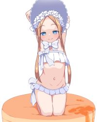 Rule 34 | 1girl, abigail williams (fate), abigail williams (swimsuit foreigner) (fate), abigail williams (swimsuit foreigner) (third ascension) (fate), armpits, arms up, bikini, blonde hair, blue eyes, bonnet, bow, bubukka, closed mouth, fate/grand order, fate (series), flat chest, kneeling, looking at viewer, navel, simple background, smile, solo, stomach, swimsuit, white background, white bikini, white bow, white headwear