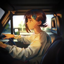 Rule 34 | 1girl, car, chainsaw man, commentary, driving, english commentary, hair ornament, hairclip, higashiyama kobeni, highres, kobeni&#039;s car (chainsaw man), kozzz y, looking to the side, mole, mole under eye, mole under mouth, motor vehicle, multiple moles, railing, road, short hair, short ponytail, single sidelock, solo, steering wheel, sunlight, sweater, white sweater, window