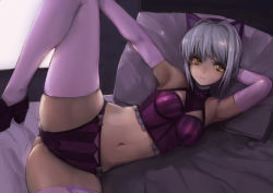 Rule 34 | 10s, 1girl, arm behind head, armpits, bed, elbow gloves, gloves, high school dxd, kogaman, leg up, legs, lingerie, long legs, looking at viewer, lying, navel, on bed, on side, panties, pillow, pink gloves, purple panties, shiba nanasei, short hair, silver hair, skindentation, solo, spread legs, striped clothes, striped panties, thighhighs, thighs, toujou koneko, underwear, underwear only, vertical-striped clothes, vertical-striped panties, yellow eyes