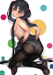 Rule 34 | 1girl, ass, black hair, blush, bra, breasts, candy, clothes lift, feet, food, hair bobbles, hair ornament, hair over shoulder, highres, jagayamatarawo, kneeling, large breasts, leaning forward, lifted by self, lollipop, long hair, looking back, mouth hold, no shoes, original, panties, panties under pantyhose, pantyhose, red eyes, scan, skirt, skirt lift, solo, strap gap, thighband pantyhose, twintails, underwear, very long hair, white bra, white panties