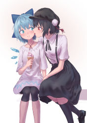 Rule 34 | 2girls, alternate costume, beige background, black footwear, black hair, black hat, black pants, black ribbon, black skirt, black socks, blue bow, blue eyes, blue hair, blush, bow, breasts, cabbie hat, casual, cirno, collarbone, commentary request, contemporary, eye contact, feet out of frame, female focus, food, gradient background, hair bow, hat, highres, holding, holding food, ice, ice cream, ice wings, kneehighs, licking, licking another&#039;s face, looking at another, medium breasts, multiple girls, neck ribbon, pants, pom pom (clothes), red eyes, red ribbon, ribbon, roke (taikodon), shameimaru aya, shirt, shoes, short sleeves, sitting, skirt, socks, suspender skirt, suspenders, tassel, tongue, tongue out, touhou, white background, white shirt, wing collar, wings, yuri