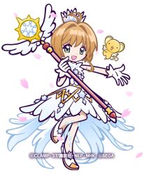 Rule 34 | antenna hair, bare legs, blush, brown hair, cardcaptor sakura, crown, dress, full body, gloves, gold trim, green eyes, hair intakes, high heels, holding, holding staff, kero (cardcaptor sakura), kinomoto sakura, layered dress, looking at viewer, mini crown, official alternate costume, official art, open mouth, outstretched hand, pink petals, puyopuyo, puyopuyo quest, sega, short hair, sleeveless, sleeveless dress, smile, staff, standing, standing on one leg, white background, white dress, white footwear, white gloves, wings, yume no tsue