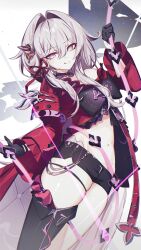 Rule 34 | 1girl, anklet, belly, black choker, black gloves, black pantyhose, black shorts, bright pupils, choker, gloves, hair ornament, highres, holding, holding string, holding weapon, honkai (series), honkai impact 3rd, jacket, jewelry, karamaru626, long hair, long sleeves, looking at viewer, navel, pantyhose, purple eyes, purple ribbon, red jacket, red ribbon, ribbon, ribbon hair ornament, shadow, shorts, simple background, single bare leg, single bare shoulder, single leg pantyhose, sky, smile, solo, star (sky), starry sky, string, thelema (honkai impact), thighs, tongue, tongue out, very long hair, weapon, whip sword, white background, white hair, white pupils