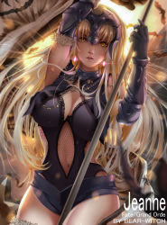 Rule 34 | 1girl, adapted costume, arm up, artist name, bare shoulders, bearwitch, black gloves, blonde hair, breasts, character name, cleavage, copyright name, cowboy shot, curvy, fate/grand order, fate (series), gauntlets, gloves, hand up, headgear, highres, holding, holding weapon, jeanne d&#039;arc (fate), jeanne d&#039;arc alter (avenger) (fate), jeanne d&#039;arc alter (avenger) (third ascension) (fate), jeanne d&#039;arc alter (fate), large breasts, long hair, looking at viewer, navel, parted lips, solo, standing, thighs, warrior, weapon, wide hips, yellow eyes