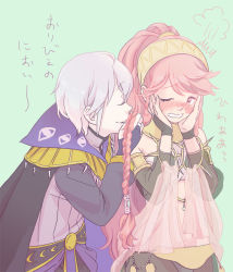 Rule 34 | 1boy, 1girl, blush, braid, cape, closed eyes, fire emblem, fire emblem awakening, gloves, kissing hair, hairband, hands on own cheeks, hands on own face, henry (fire emblem), jewelry, long hair, lots of jewelry, mekiti, nintendo, olivia (fire emblem), pink hair, ponytail, short hair, silver hair, smelling, smile, translated, twin braids, wavy mouth