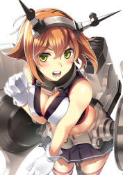 Rule 34 | 10s, 1girl, bad id, bad pixiv id, blush, breasts, brown hair, cleavage, gloves, green eyes, headgear, kantai collection, large breasts, looking at viewer, midriff, miniskirt, mutsu (kancolle), red thighhighs, ryuji (ikeriu), short hair, skirt, solo, thighhighs, white gloves